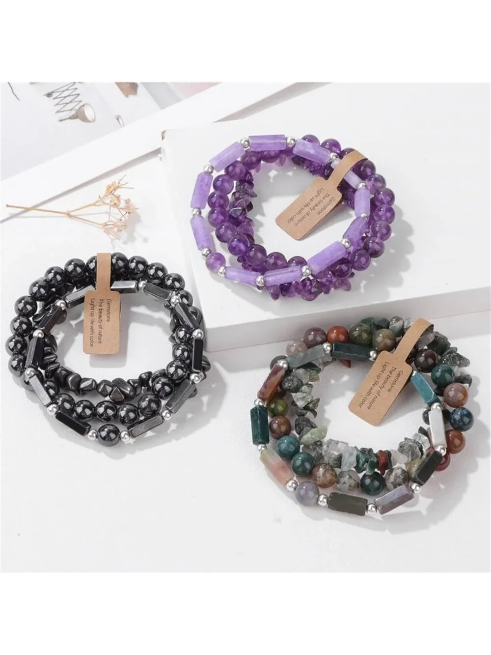Set of 3 Handmade Natural Stone Beaded Bracelets - 8mm Healing Crystal Jewelry